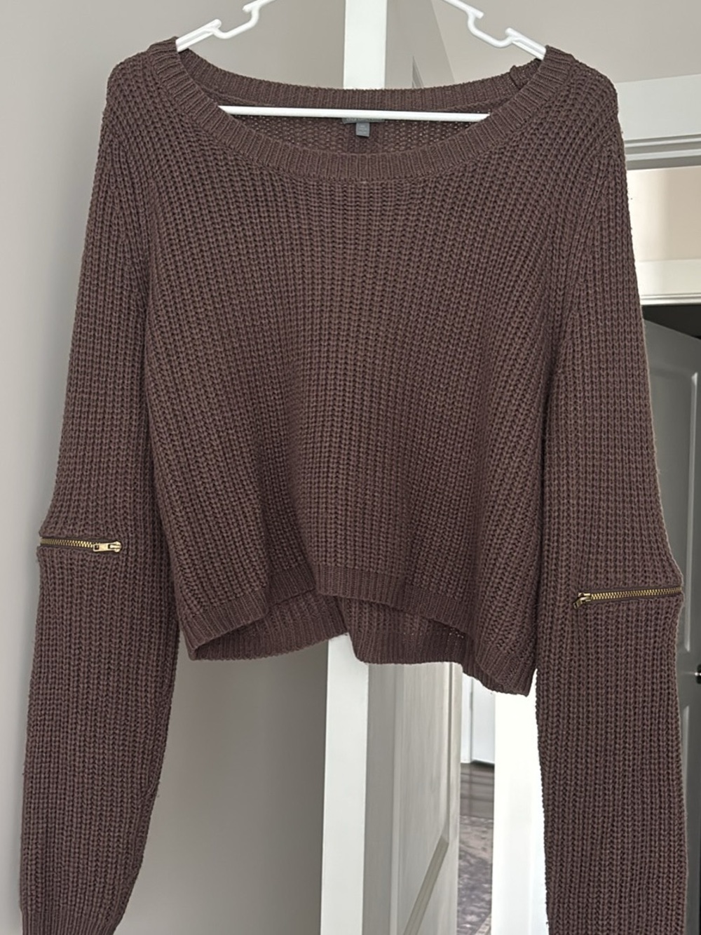 Forever 21 Brown Crew Neck Knit Sweater with Gold Zipper Accents